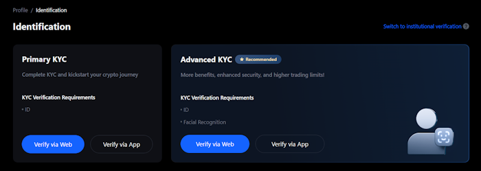 MEXC KYC primary and advanced options