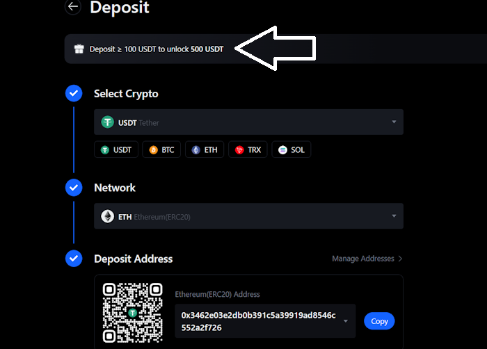 MEXC deposit page with bonus offer