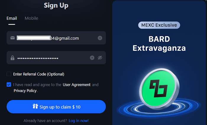 MEXC sign-up page with $10 bonus