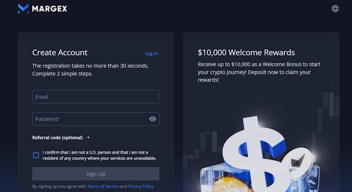 Margex sign-up page offering $10,000 rewards