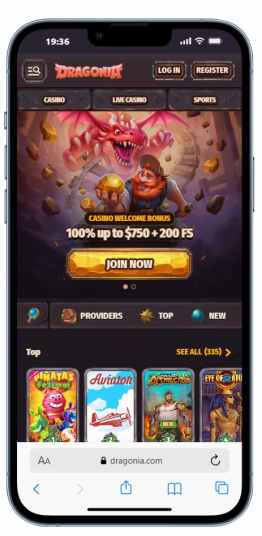 The Dragonia casino homepage on mobile.