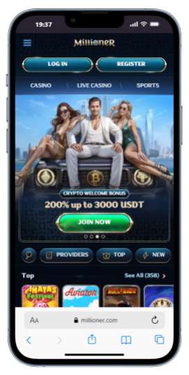 The Millioner casino homepage on mobile.