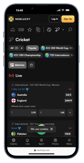 The NewLucky cricket betting page on mobile