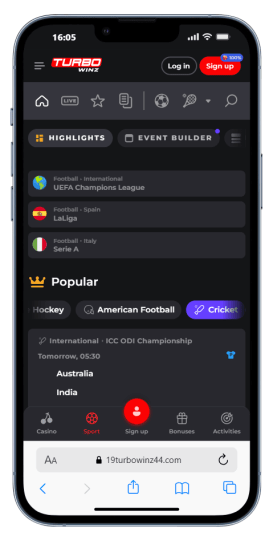 The Turbowinz cricket betting page on mobile