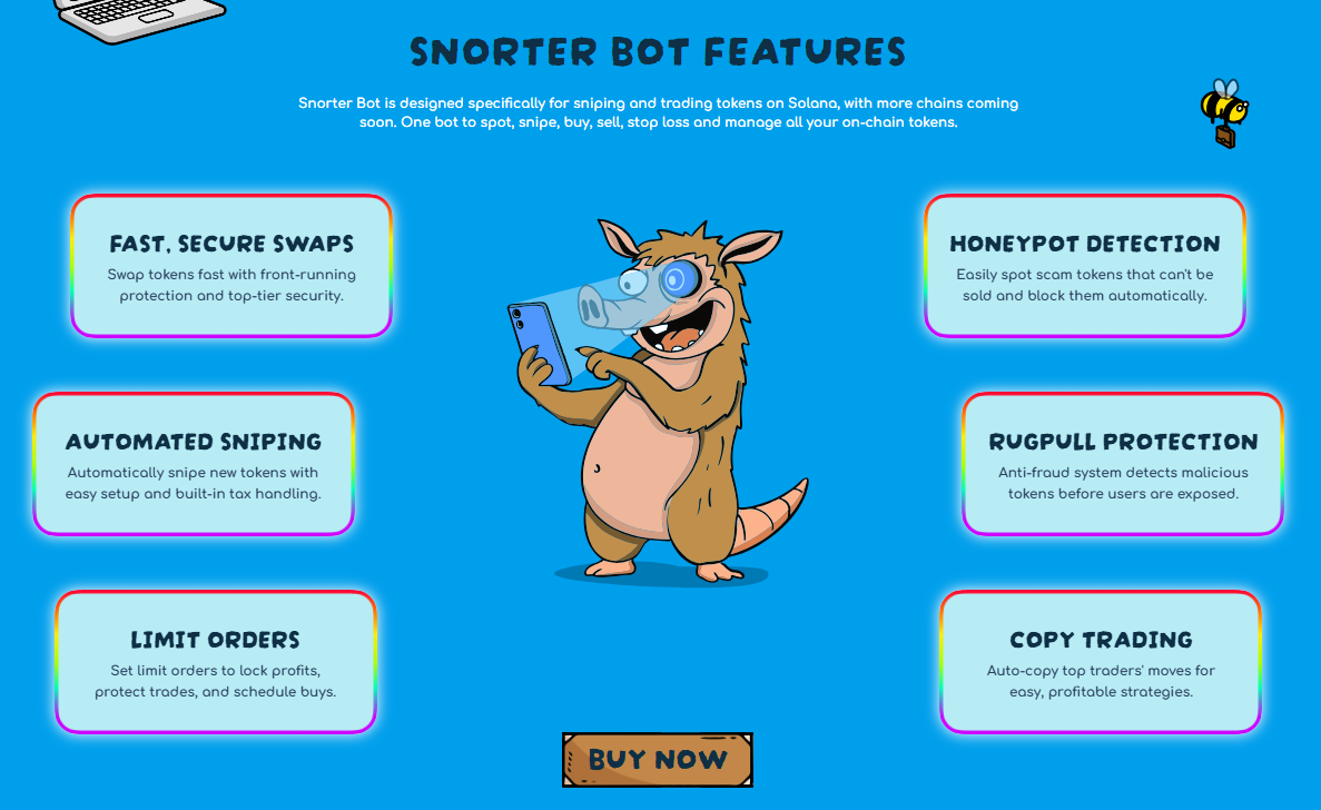Snorter Bot’s main features, including copy trading, rugpull protection, and secure swaps.