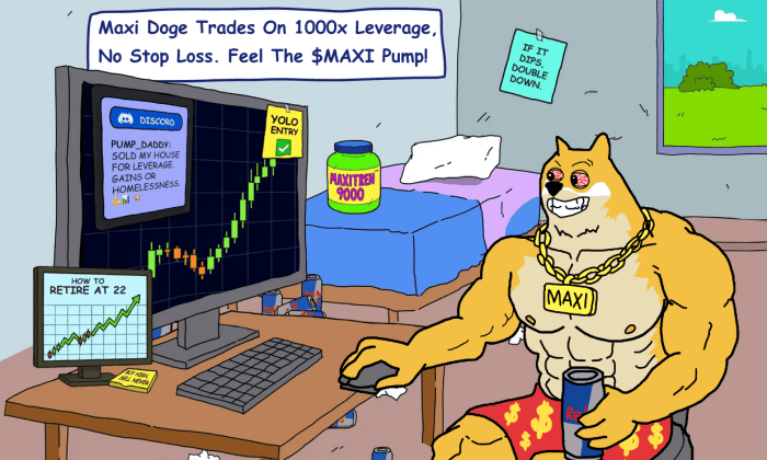 The Maxi Doge meme and crypto references.