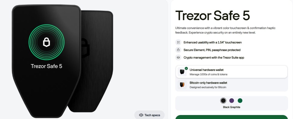 3. Trezor Safe 5 – Prémiová Dogecoin peňaženka s dotykovým displejom a maximálnou ochranou