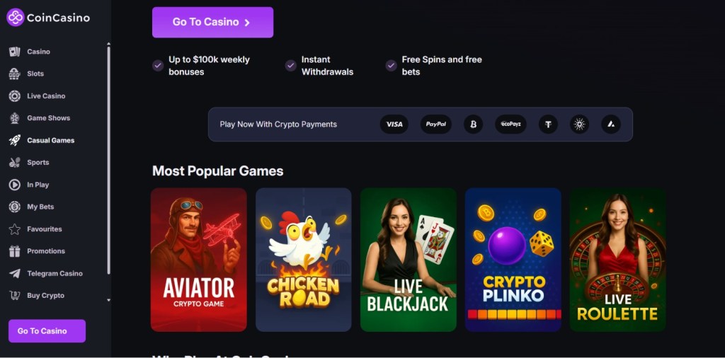 الواجهة الرئيسية لموقع coincasino الرسمي