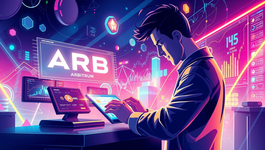 Mobilās lietotnes, kredītkartes un kriptovalūtas simboli, kas ilustrē, kā nopirkt Arbitrum (ARB) ar dažādām maksājumu metodēm.