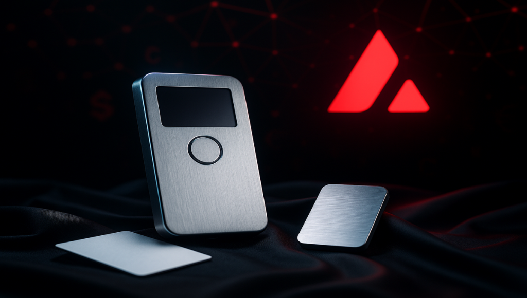 Jak koupit AVAX (Avalanche) – hardwarová peněženka pro bezpečné ukládání kryptoměn Avalanche s moderním kovovým designem.