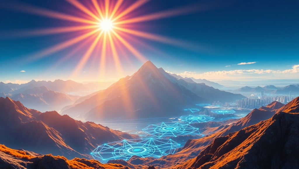 Jak koupit AVAX (Avalanche) – symbolika sítě Avalanche na horách znázorňující decentralizaci a blockchainové uzly.