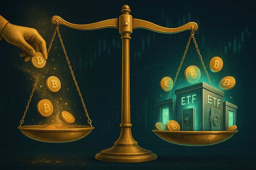 весы с Биткоин и ETF