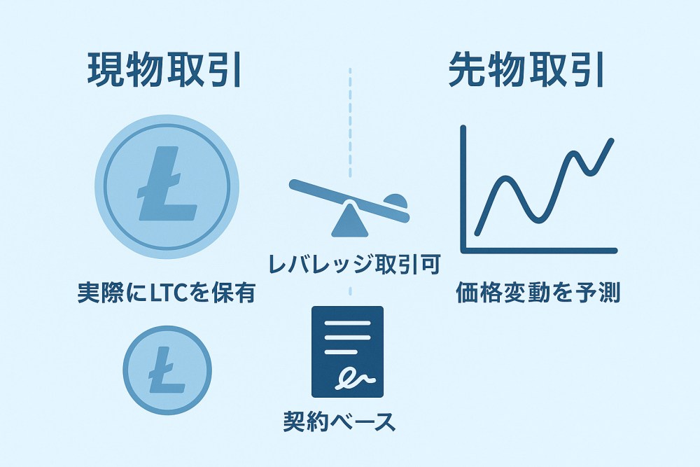 ライトコインの現物取引と先物取引の違いを示す図