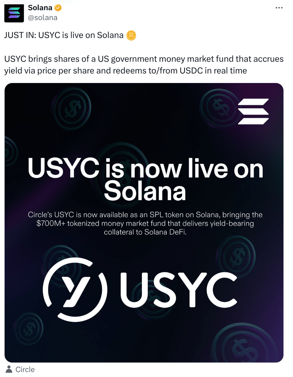 Circle's $USYC Solana announcement on X