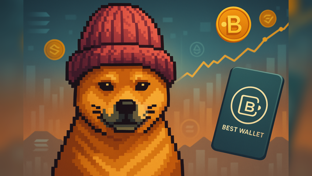 Пикселен мем-пес и Best Wallet на екран; ръководство как да купя dogwifhat (WIF) безопасно.