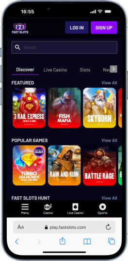 a mobile screenshot of Fast Slots, one of the best poli pay casinos in NZ