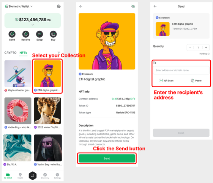 You can send, receive, and transfer supported NFTs from within your D-Cent mobile app.