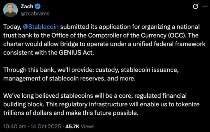 Bridge application to OCC announcement.