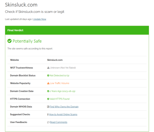 SkinsLuck ScamVoid rating.