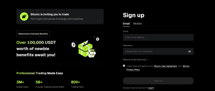 Bitunix registration page.