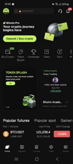 Bitunix mobile app homepage.