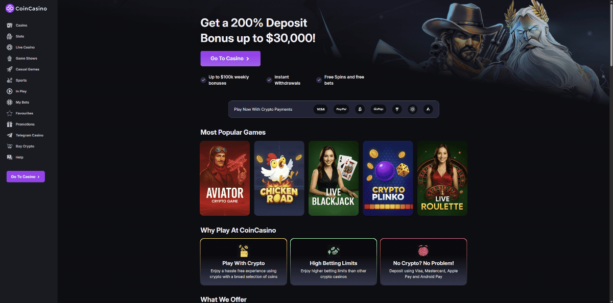 2. CoinCasino – modernus kripto kazino su 3,000+ žaidimų ir iki $30,000 premija