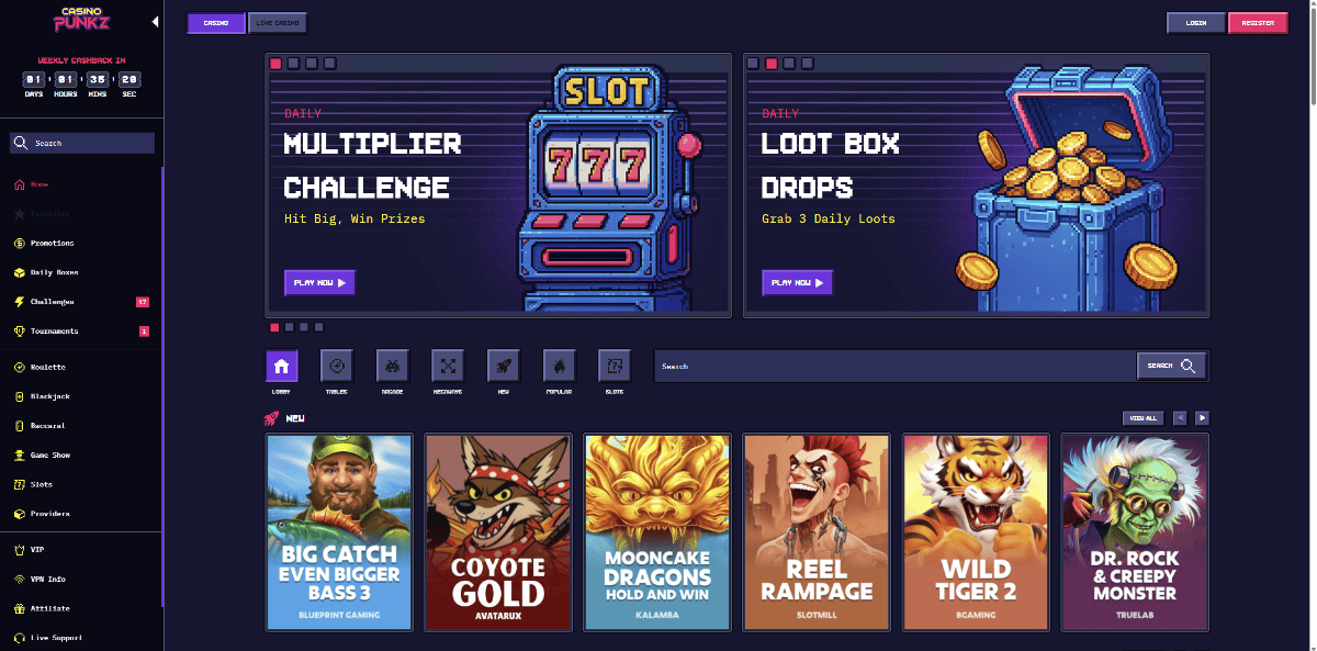 5. Casinopunkz – privatumui skirtas kripto kazino su 5,000+ žaidimų ir greitomis išmokomis