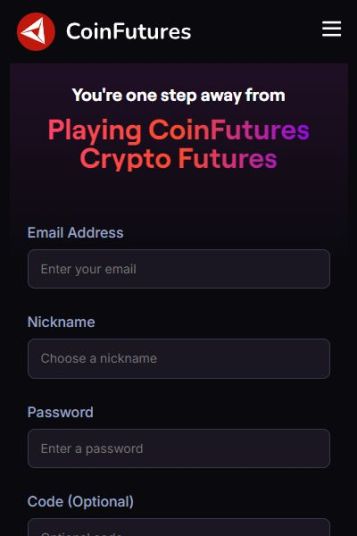 CoinFuturesの公式サイトにある新規アカウント登録フォーム。メールアドレスとパスワードを入力するだけで簡単に登録できることを示している。