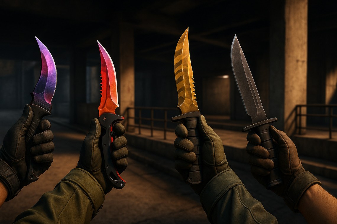カウンターストライクの装備シーン｜複数ナイフが並んでいる構図の横長の画像