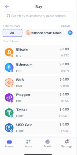 Best Wallet buy tokens feature offering the options to filter by chain or search.