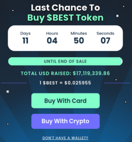 Best Wallet Token presale widget showing raise and price.