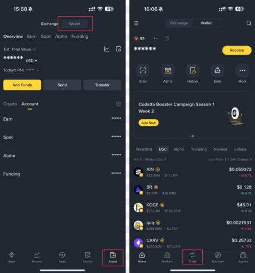 Switching between Binance exchange and wallet in a single tap on mobile.