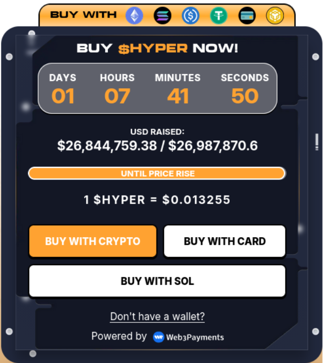 Bitcoin Hyper presale widget showing the current token price and raise.