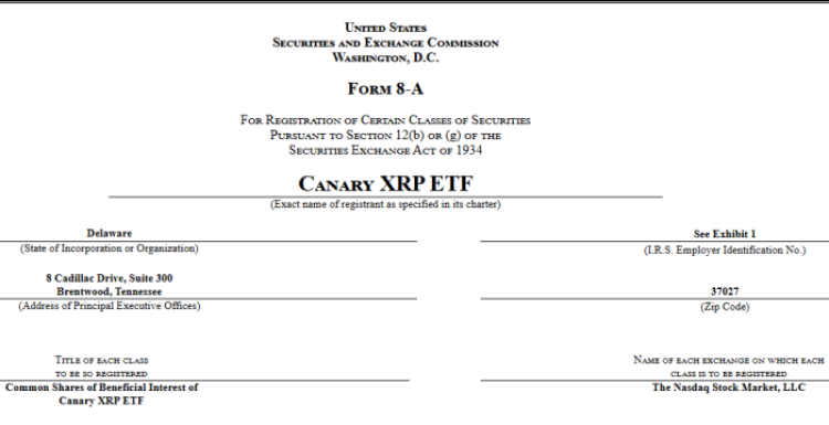 Canary’s $XRP ETF 8-A form filing.