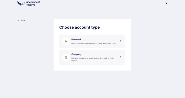 Choosing an account type on Independent Reserve