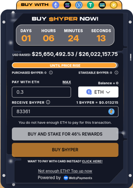 Crypto presale widget with an ETH transaction.