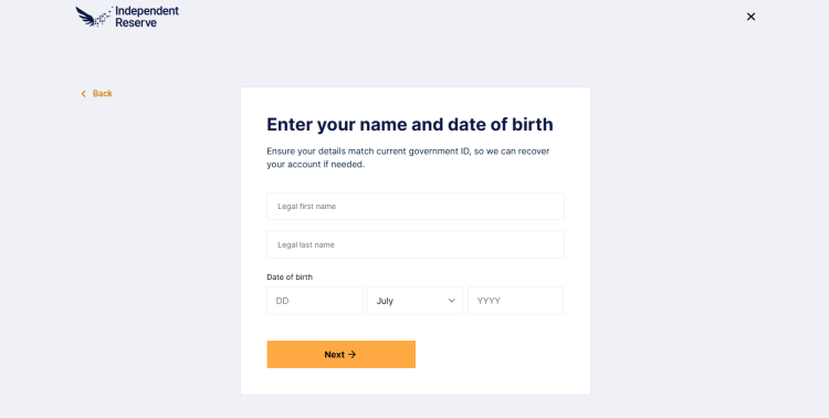 Entering KYC information on Independent Reserve