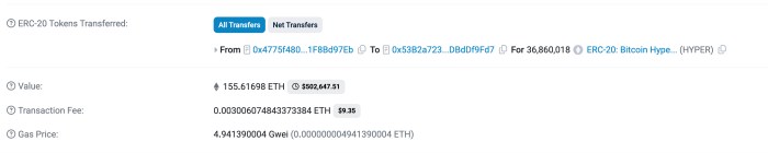 Transaction details for a $502.6K $HYPER whale buy.