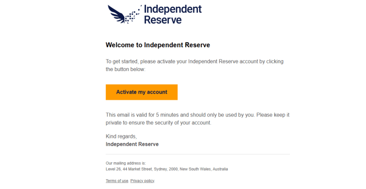 Independent Reserve email activation message
