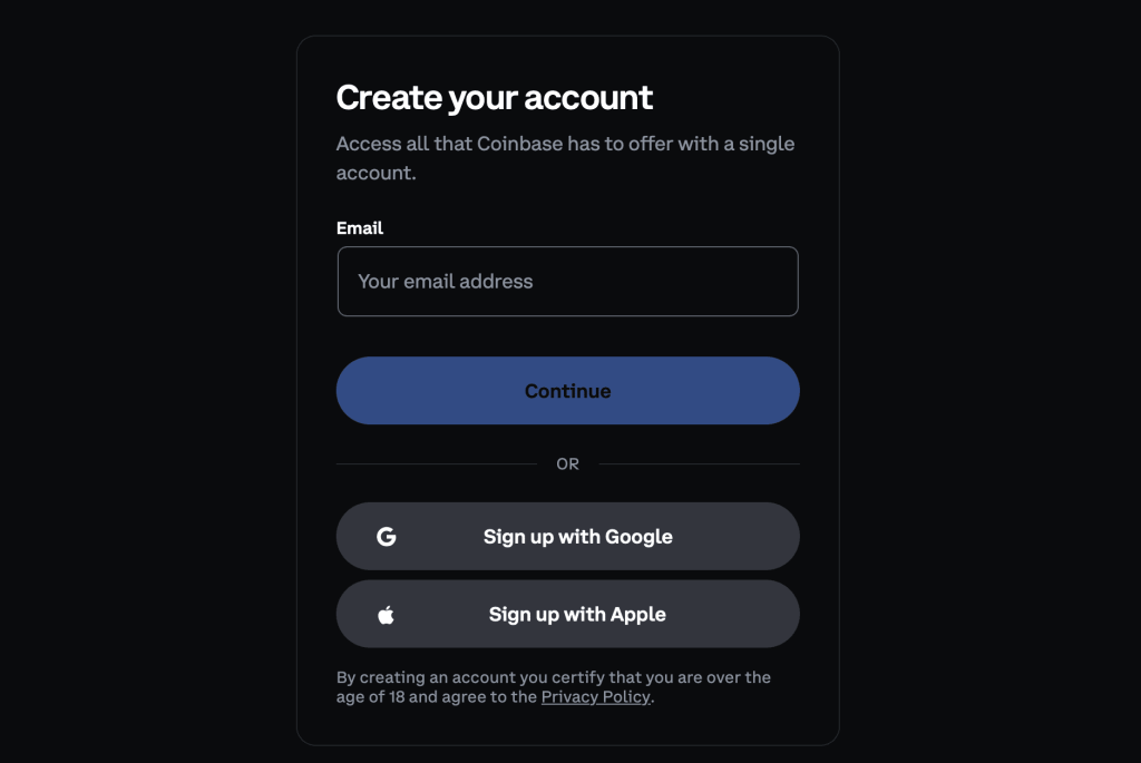 Registrace na Coinbase