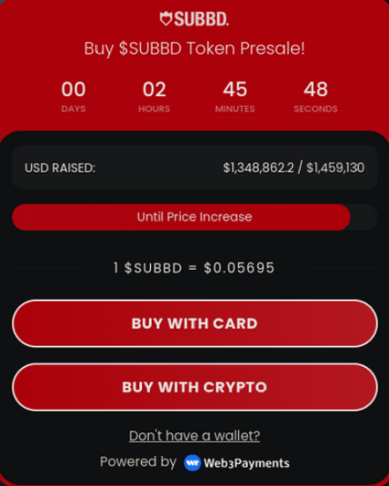 SUBBD Token presale widget showing raise and price.