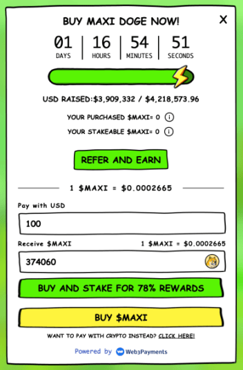 Entering amount on $MAXI website.