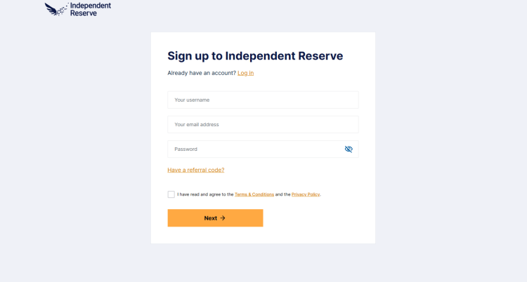 Sign-up form on Independent Reserve
