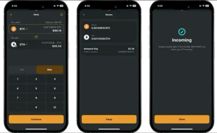 Swapping tokens inside Zengo wallet.