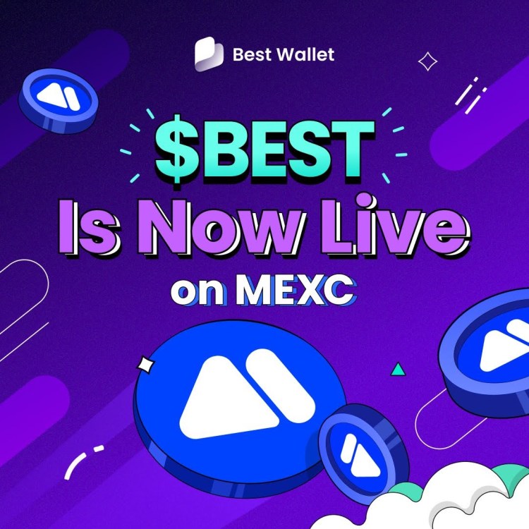 Token BEST en forte hausse de 74 % après son lancement sur MEXC et KuCoin, avec les logos Binance et Coinbase en fond.