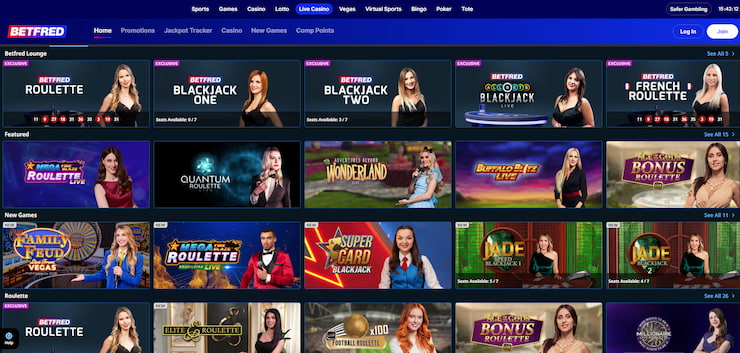 A preview of Betfred's live casino game selection, including Evolution Gaming tables not on GamStop.