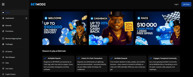 BetMode frontpage with banner displaying their welcome bonus, cashback and cash prizes