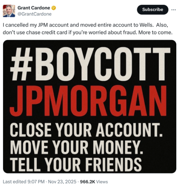Boycott JPMorgan movement X post.