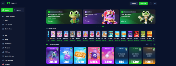 Cybet frontpage with three banners displaying their refer a friend program, VIP transfers and 20% rakeback