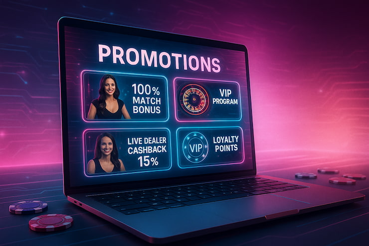 An image of a laptop screen showing typical promotions at an Evolution casino not on GamStop, including a welcome bonus, cashback, and loyalty points.